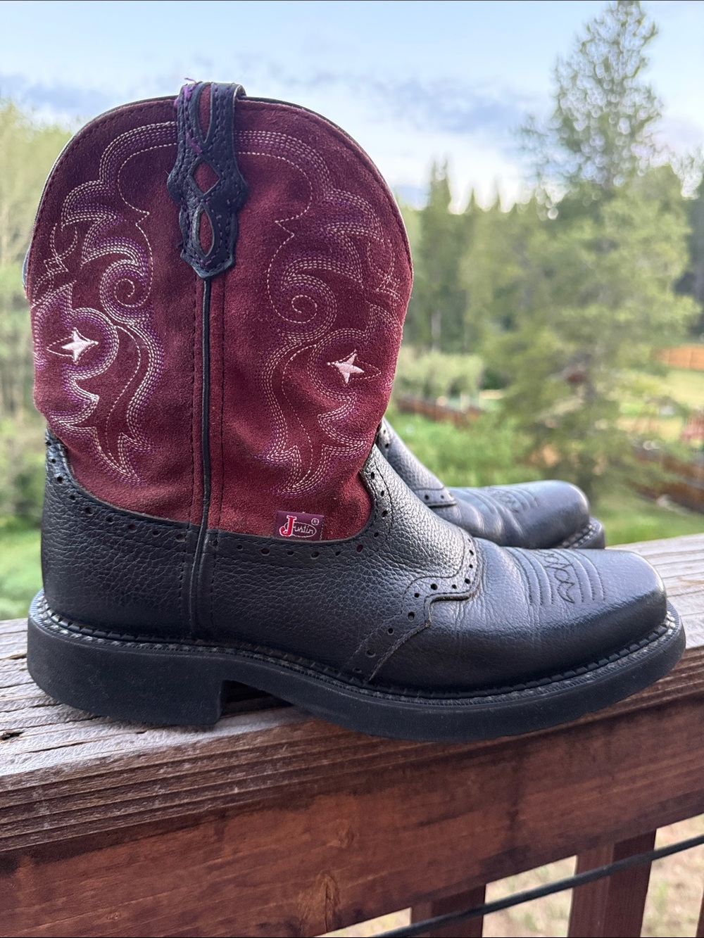 Justin Boots Black Leather Foot with Burgundy Suede Shaft Cowboy Boots